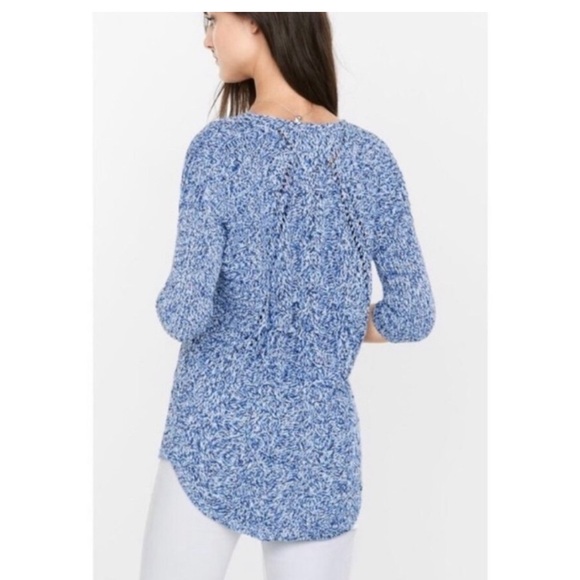 Express Woman’s Cable Knit Slouchy 3/4 Sleeve, V-Neck Sweater,Blue/White Color,M - Picture 2 of 9